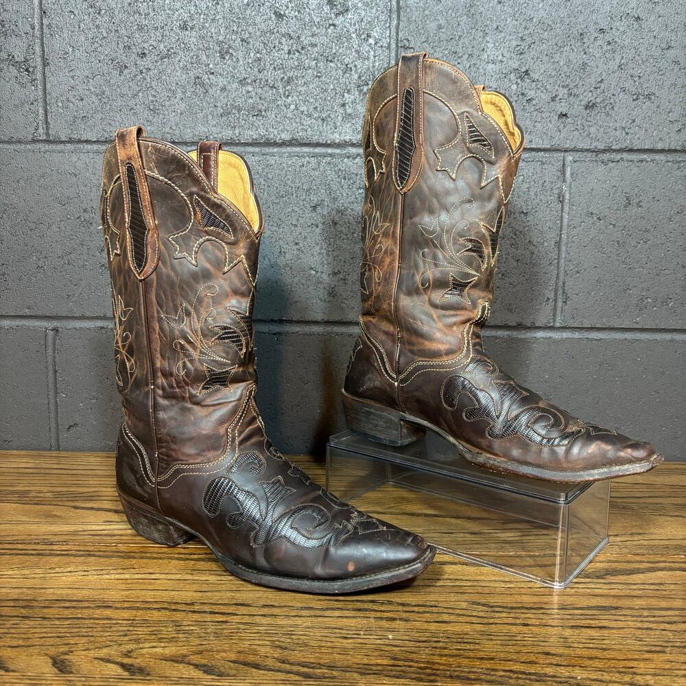 JB Dillon Cowboy Boots Brown Leather Inlay Western Boots Snip Toe Women’s 10B